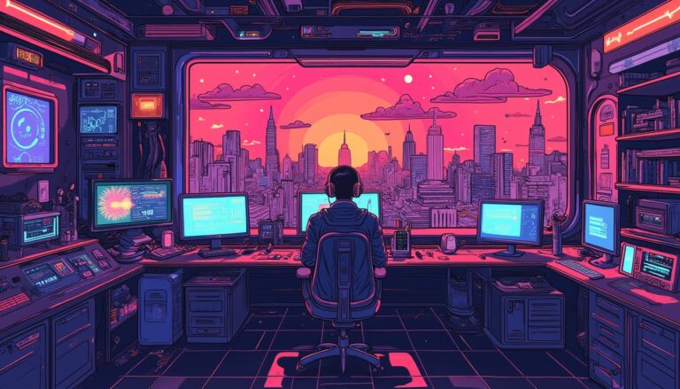 Futuristic cityscape view from a high-tech control room with multiple monitors, digital interfaces, and a person working at a desk, showcasing innovative technology and urban development.