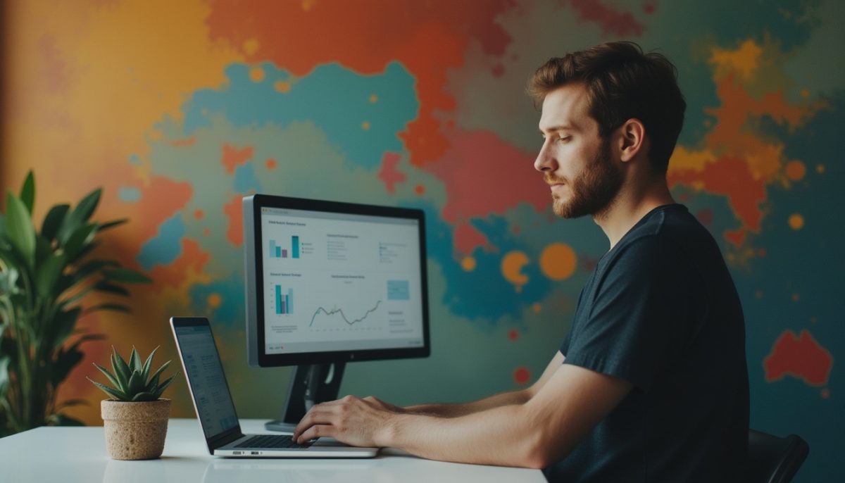 Man analysing data on computer with colourful background.