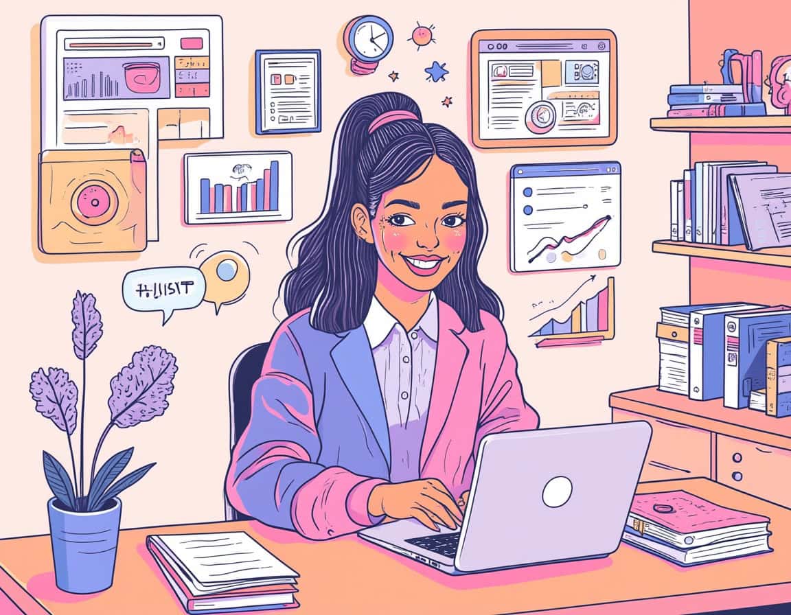 Bright, colourful illustration of a professional woman working on a laptop surrounded by digital charts and office books, showcasing successful website management and digital marketing services.