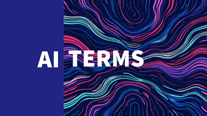 AI terms digital art illustration with vibrant neon lines and swirling design, showcasing advanced artificial intelligence concepts and terminology.