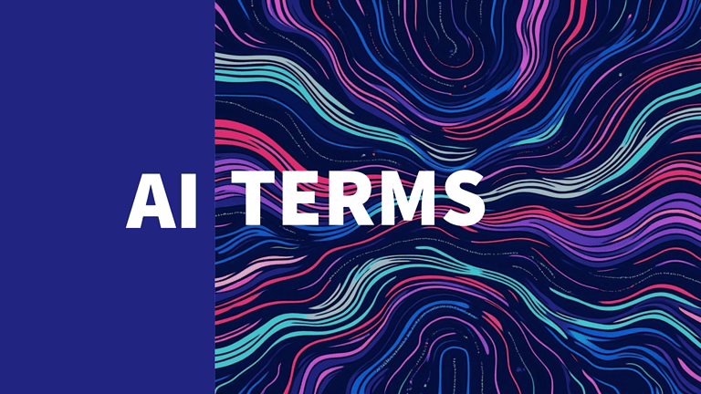 AI terms digital art illustration with vibrant neon lines and swirling design, showcasing advanced artificial intelligence concepts and terminology.