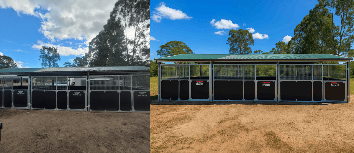 Comparison of outdoor stables under different weather conditions.