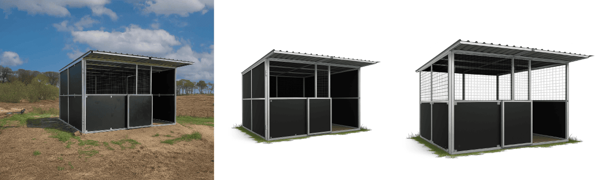 Temporary animal shed with metal frame and mesh sides for outdoor pet protection and shelter.