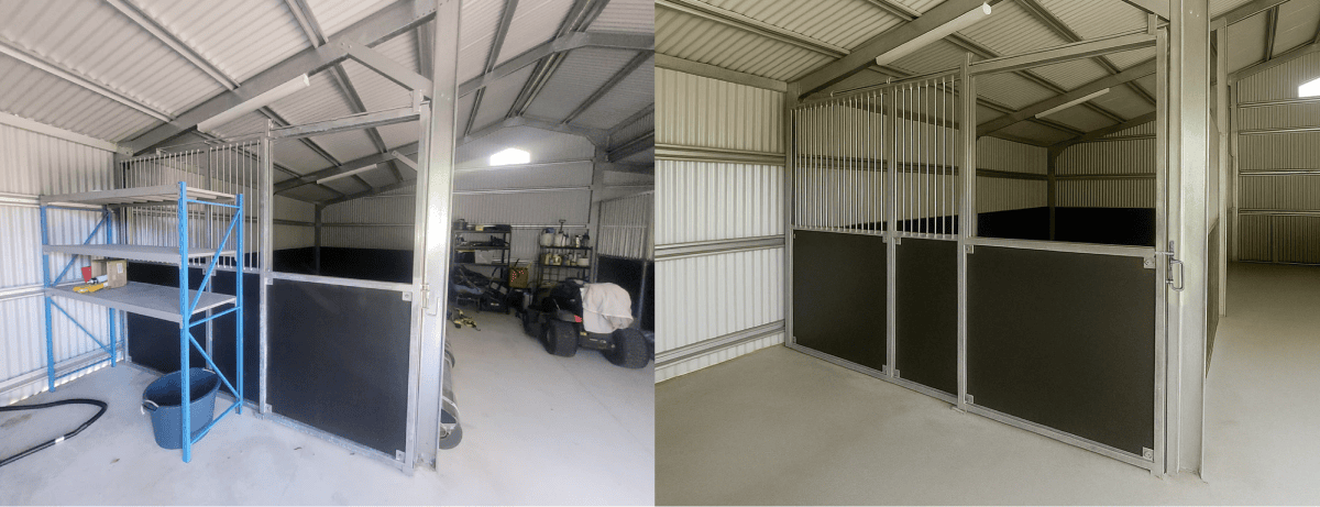 Interior view of spacious metal barn storage.