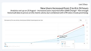 New users analytics dashboard showing increased user growth over 24 hours for search engine optimisation and website traffic improvement.