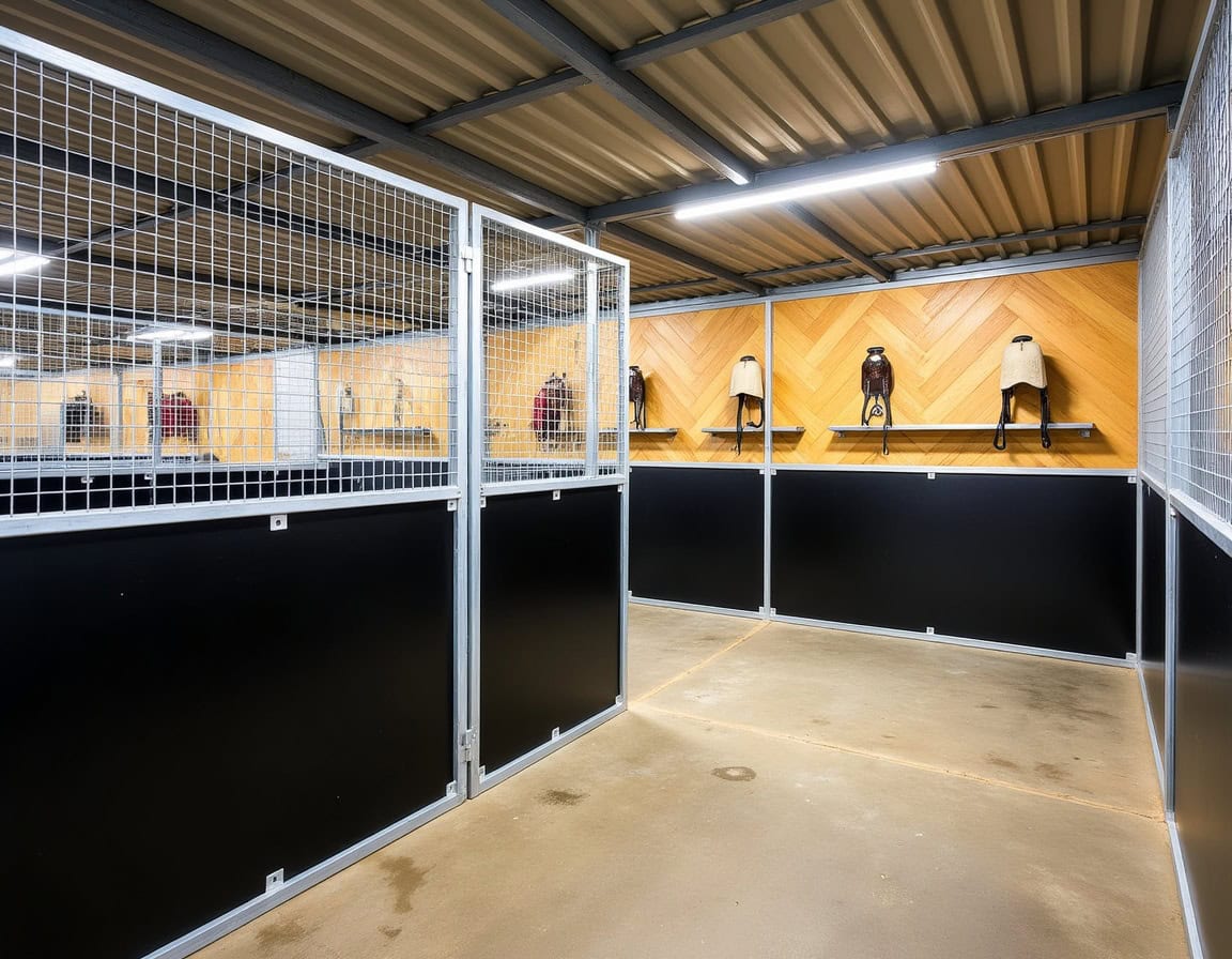 Modern horse stables with secure metal wiring and wooden wall accents, designed for safe and comfortable equine care. Perfect for equestrian facilities or horse boarding services.