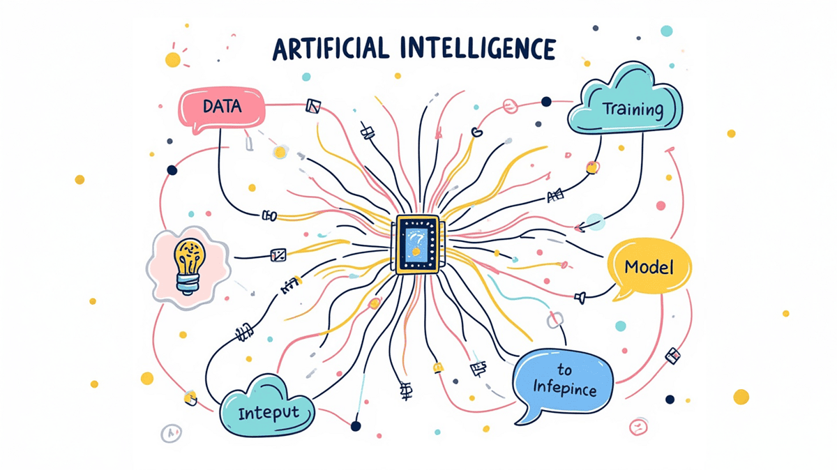 AI-powered data analysis and machine learning models illustrated with colourful, connected icons on a digital device, demonstrating artificial intelligence concepts like training, input, and inference.