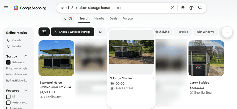 Grazing horse stable with durable steel structure for outdoor storage and shelter, ideal for farms and equestrian facilities.