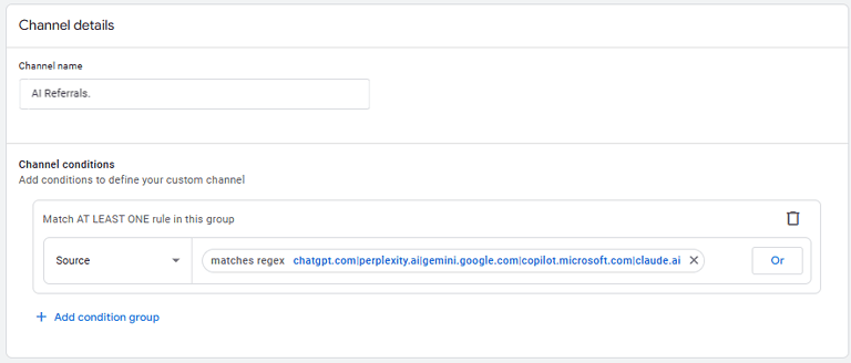 Custom channel setup for AI referrals.