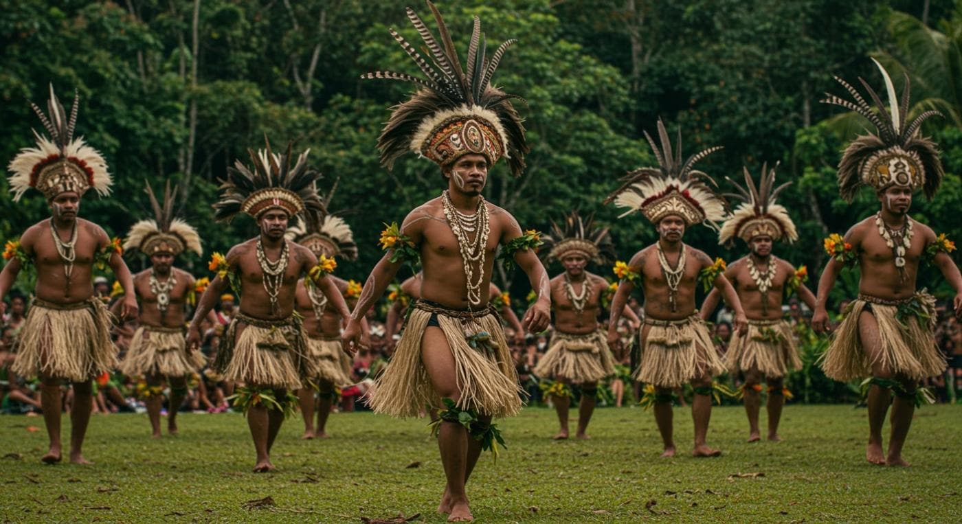 Vibrant traditional Polynesian dance performance featuring dancers in elaborate feather headdresses, straw skirts, and colourful accessories, showcasing cultural heritage in a lush outdoor setting.