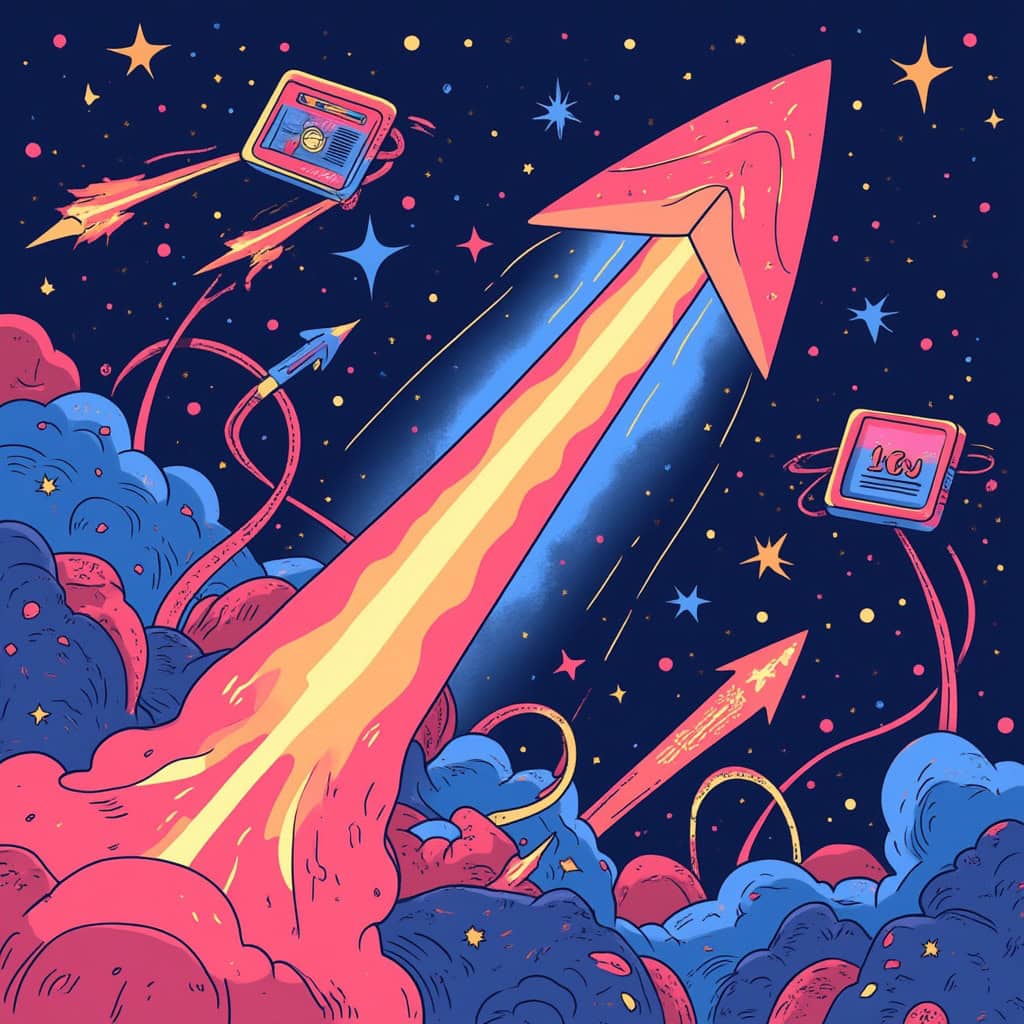 Upward arrow with cosmic and digital elements representing growth and digital marketing success for Brighter Websites.