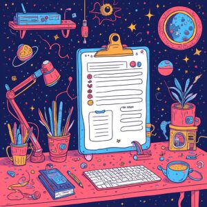 Vivid workspace illustration with science fiction and space-themed elements, representing creativity and innovation in web design. Perfect for showcasing modern, artistic digital website solutions.
