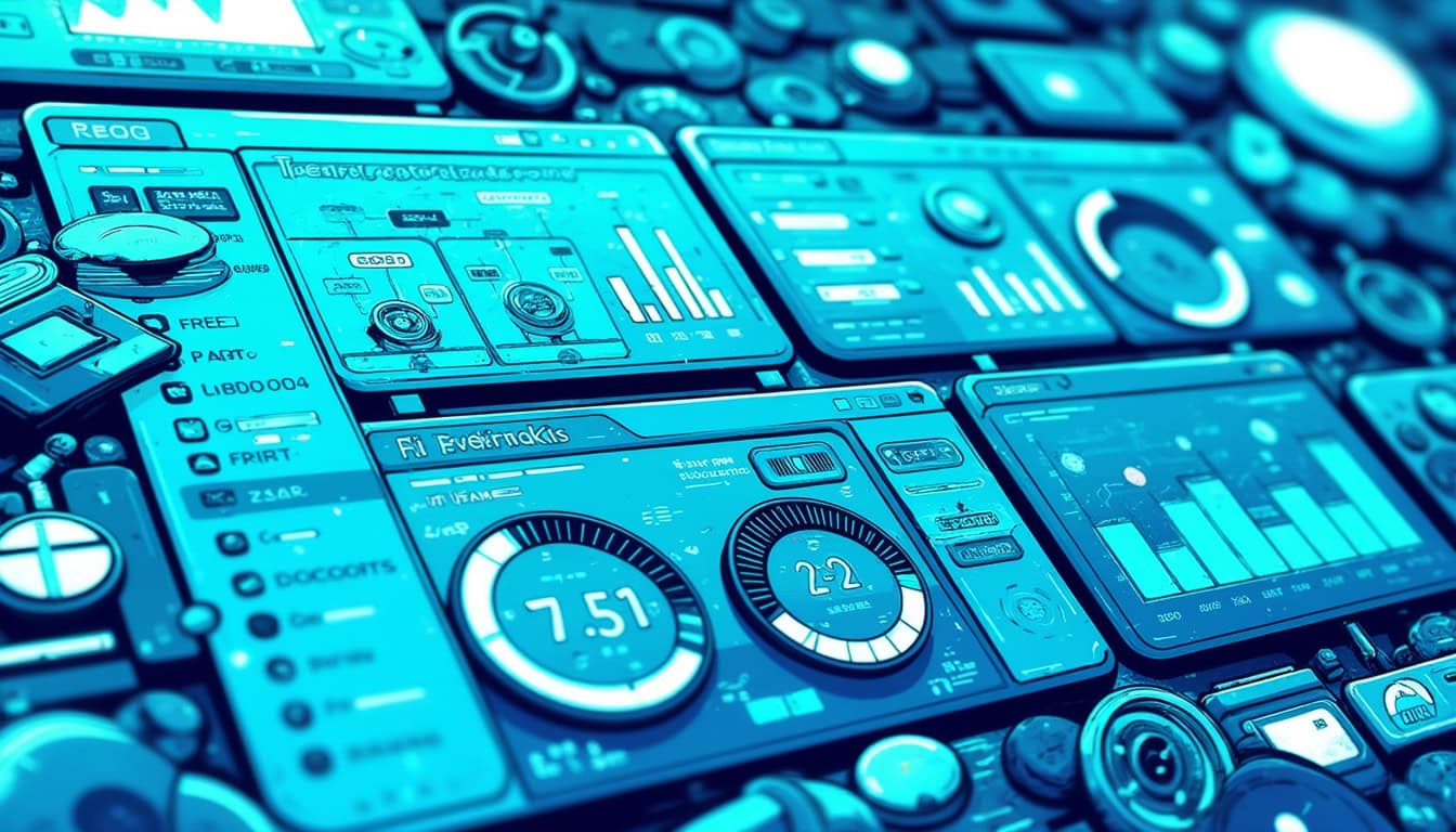 Futuristic digital dashboard displaying analytics, graphs, and data charts on multiple screens with a blue tint, representing innovative web development and technology solutions.