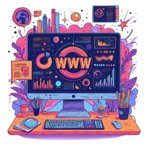 Bright colourful illustration of a computer monitor displaying "WWW" with SEO and web development data, surrounded by plants, pencils, and digital icons, representing professional website design services.