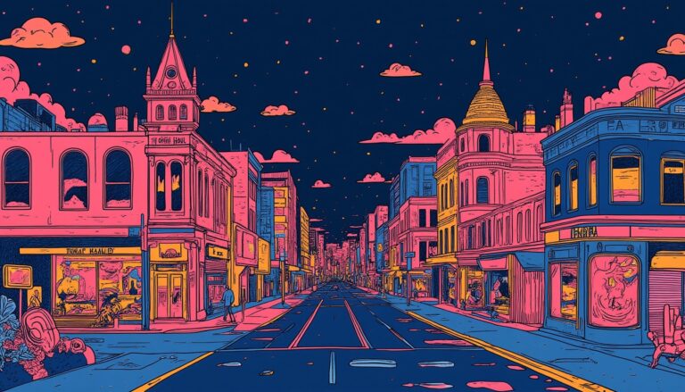 Vibrant city street at night, surreal colours