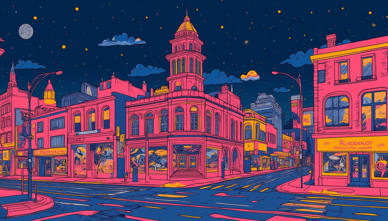 Colourful city street scene at night illustration.