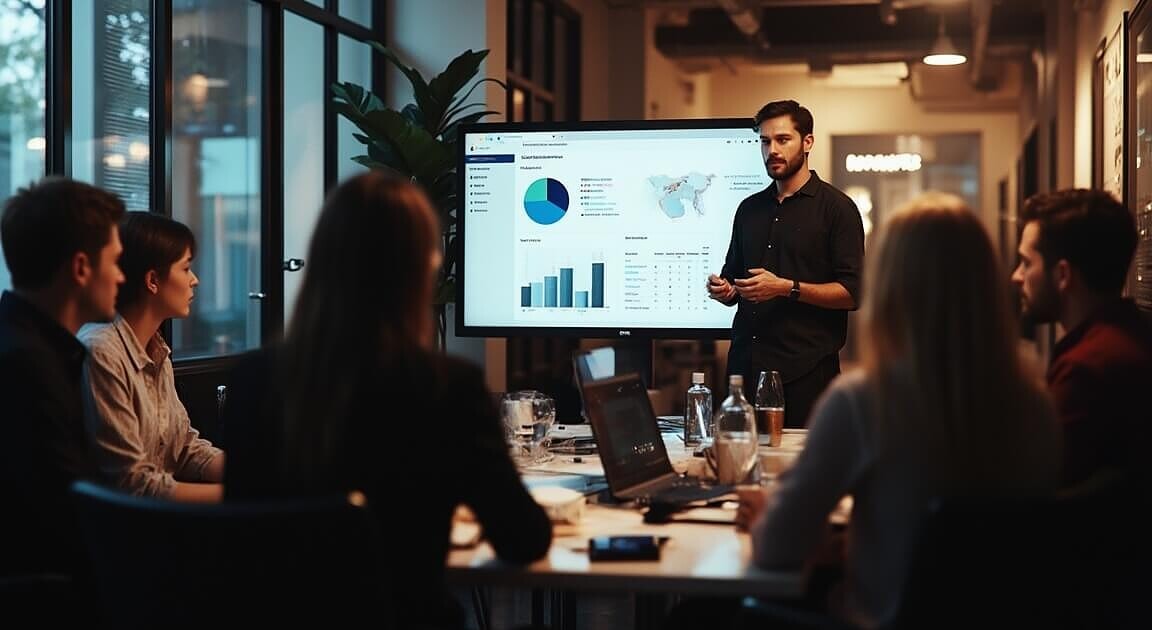 Business meeting with presentation on data analysis