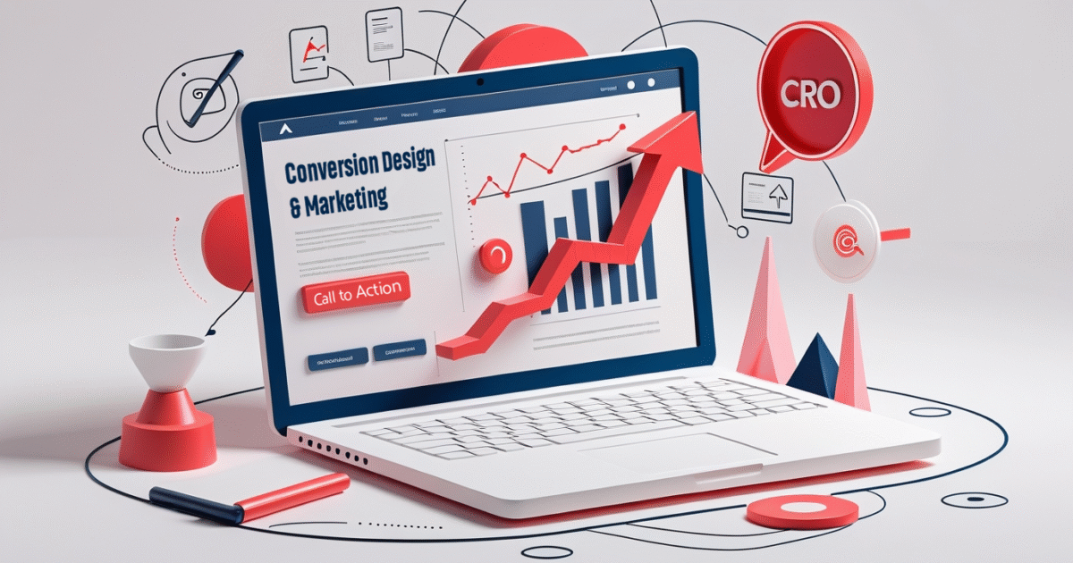 Laptop screen showing “Conversion Design & Marketing” with rising graphs and CRO icons, symbolising data-driven website optimisation and conversion performance.