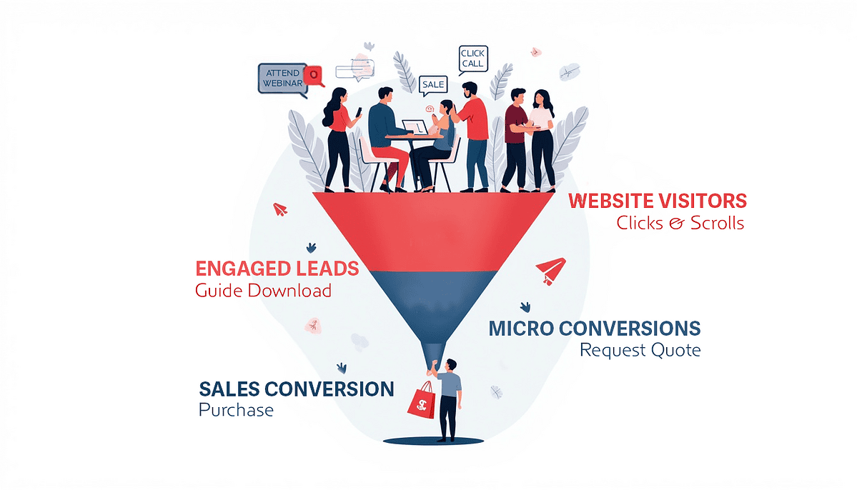 Sales funnel stages: visitors, leads, micro conversions, sales.