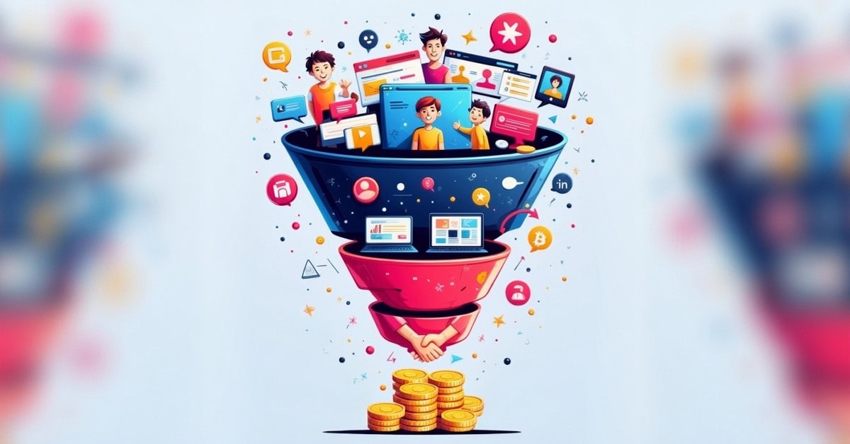Digital marketing funnel and conversion illustration.