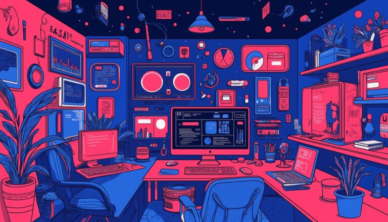 Futuristic office with multiple screens and technology.