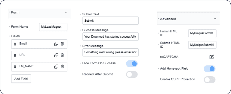 Lead magnet form setup interface options
