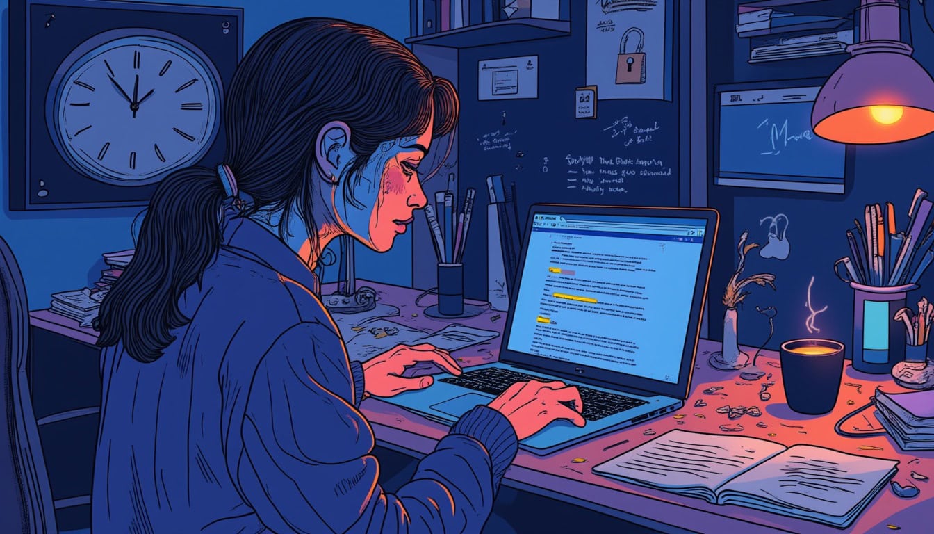 Woman focused on late-night computer work