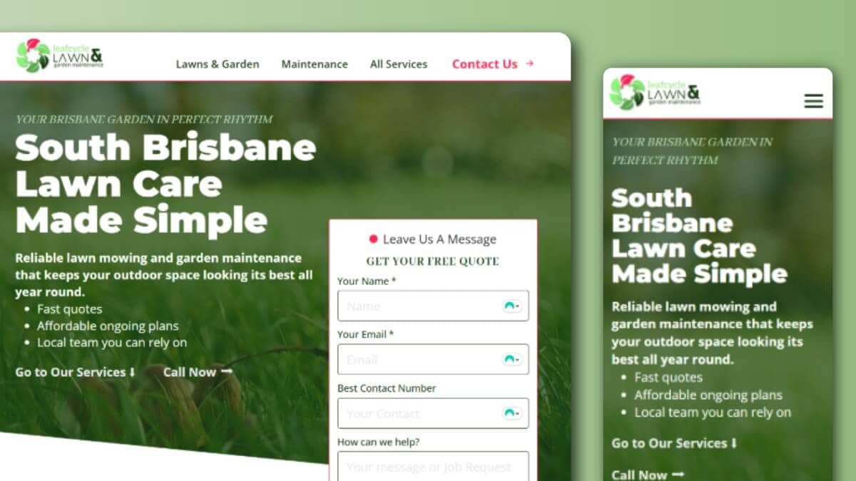 LeafCycle Lawn & Garden Maintenance website homepage showcasing modern, eco-friendly branding and local service design.