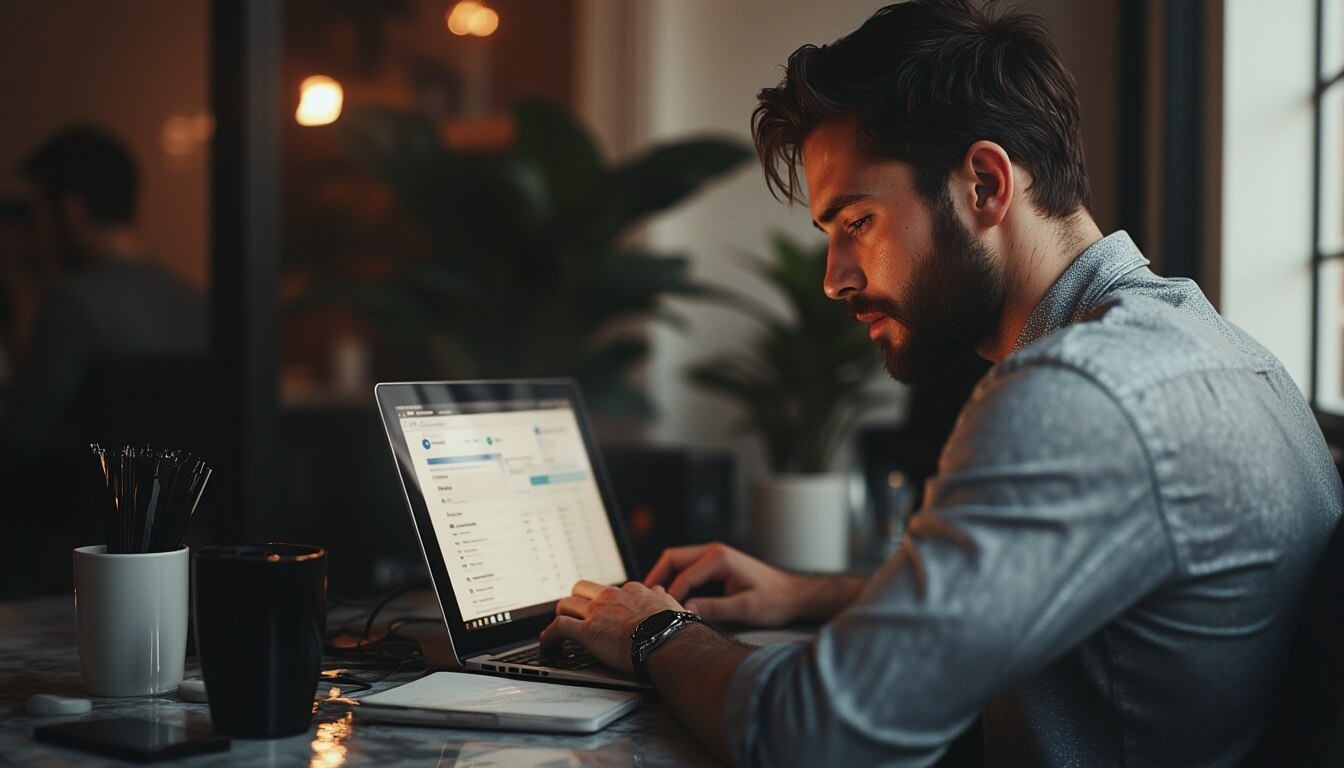 Man working on laptop in modern office