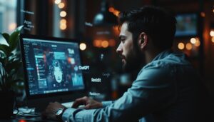 Man working on computer with tech interfaces displayed.
