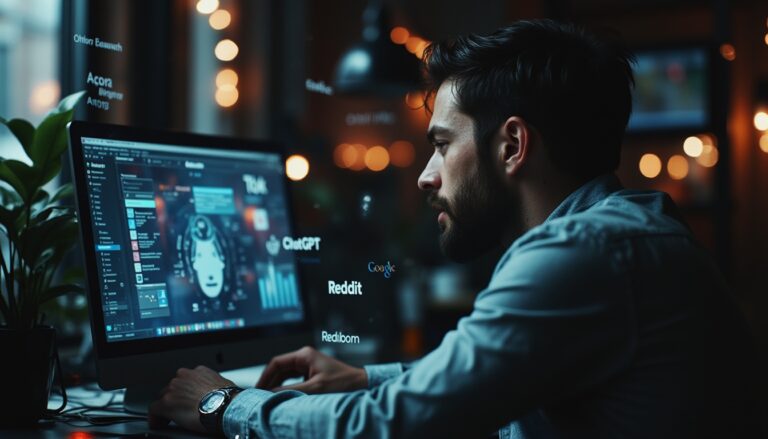 Man working on computer with tech interfaces displayed.