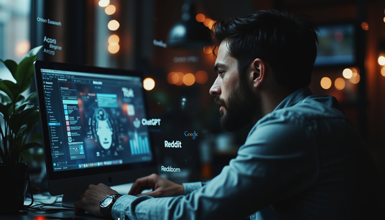 Man working on computer with tech interfaces displayed.