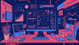 Futuristic desk with multiple digital screens and graphs.