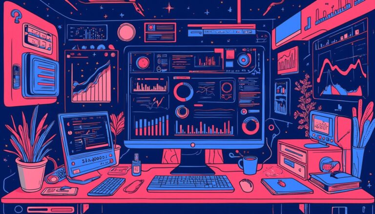 Futuristic desk with multiple digital screens and graphs.