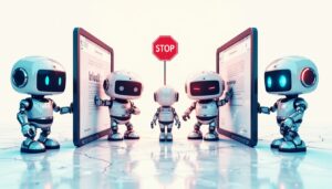 Robots surrounding stop sign and tablets