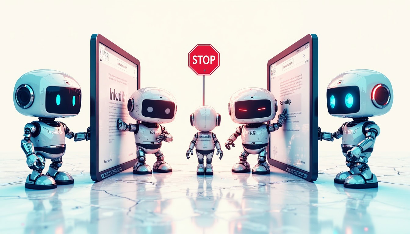 Robots surrounding stop sign and tablets