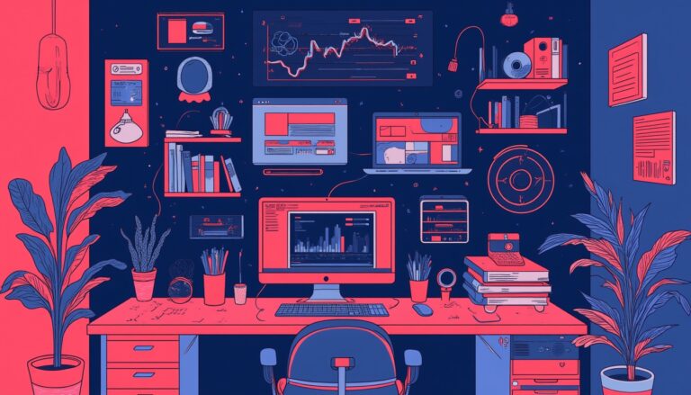 Illustrated desk with computer and plants, futuristic setup.