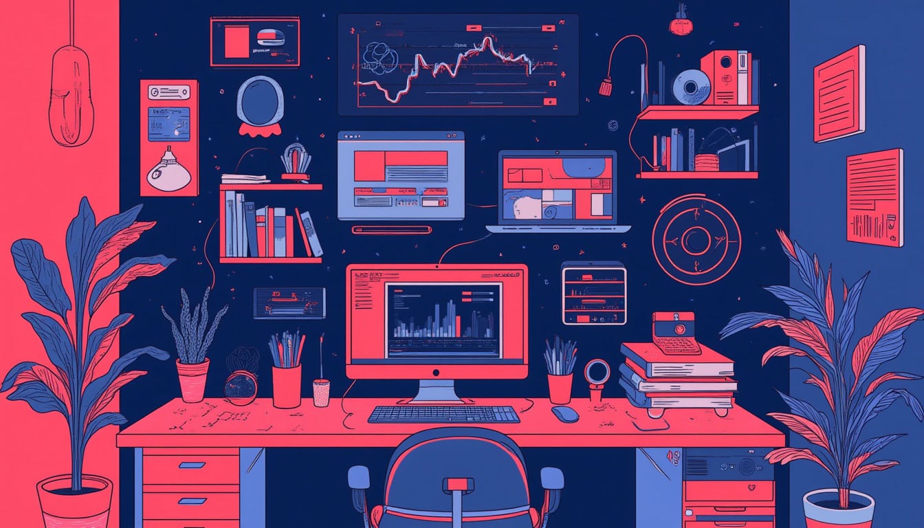 Illustrated desk with computer and plants, futuristic setup.