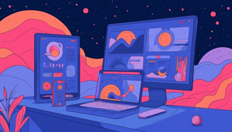 Colourful digital workspace with devices and graphs.