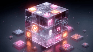 Glowing holographic cube with digital icons.