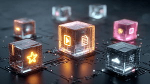 Digital cubes with icons on circuit board surface.