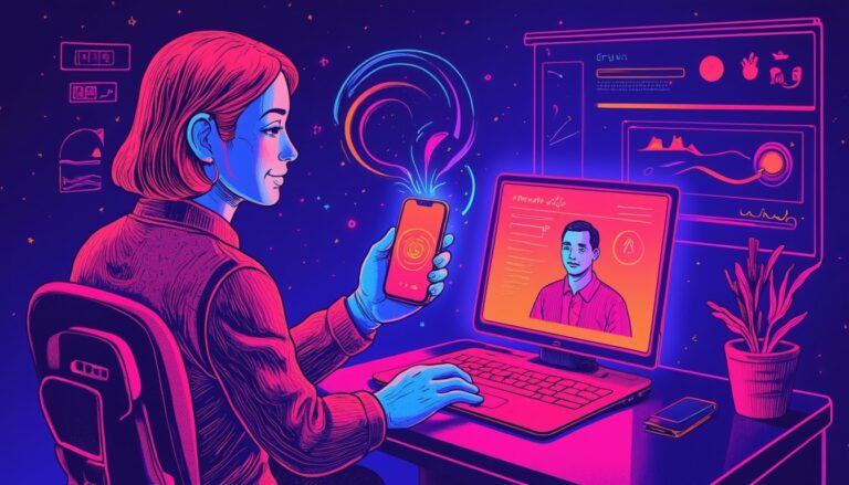 Woman using phone and computer with neon graphics.