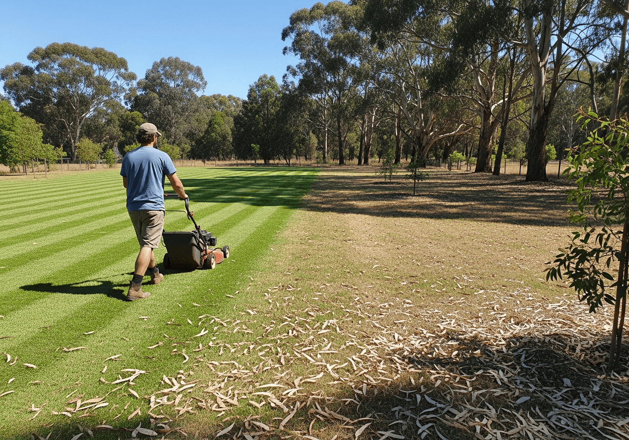 Person mowing striped lawn in sunny park
