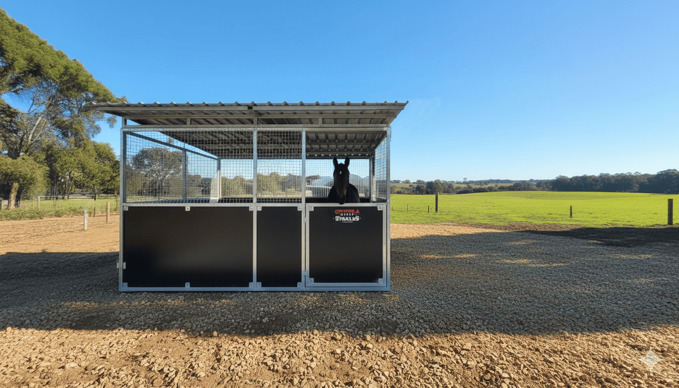 Horse in modern outdoor stable on farm