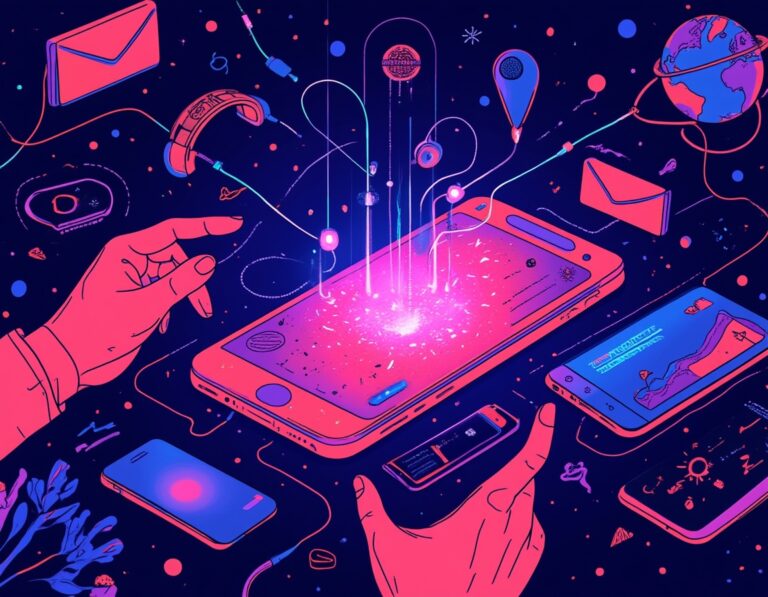 Futuristic digital devices interconnected by glowing wires.