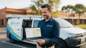 Technician showing map on laptop beside service van