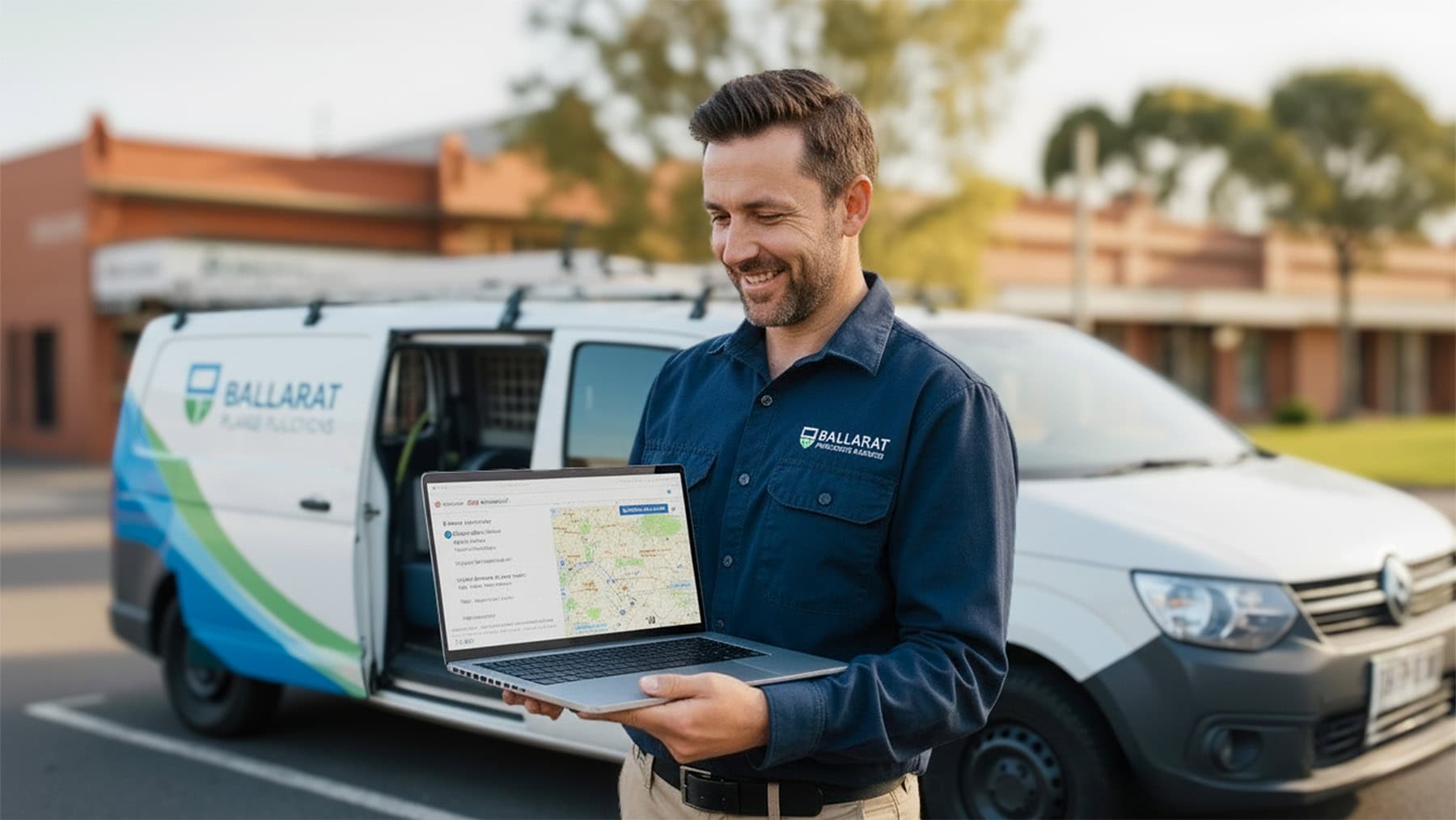 Technician showing map on laptop beside service van