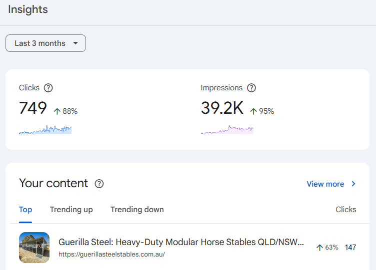 Website insights showing growth in clicks and impressions