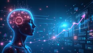 AI-enhanced brain with data analytics, futuristic technology.