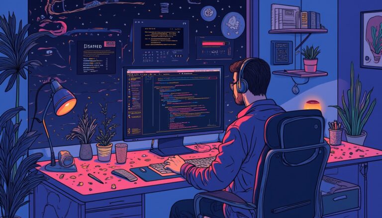 Developer coding at a futuristic desk setup.